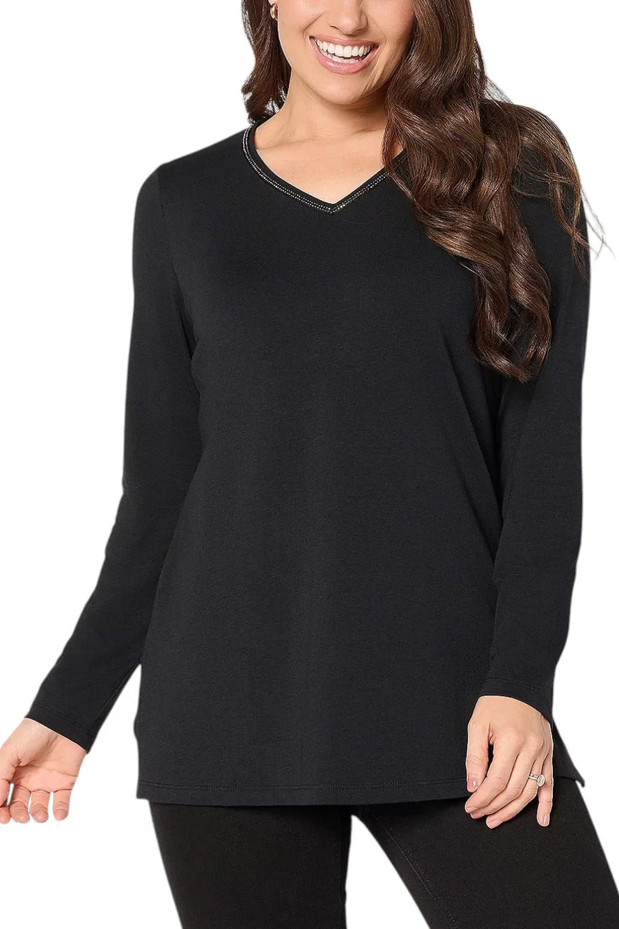 Denim & Co. Women's Favorite Jersey Beaded V-Neck Tunic Black - Plus